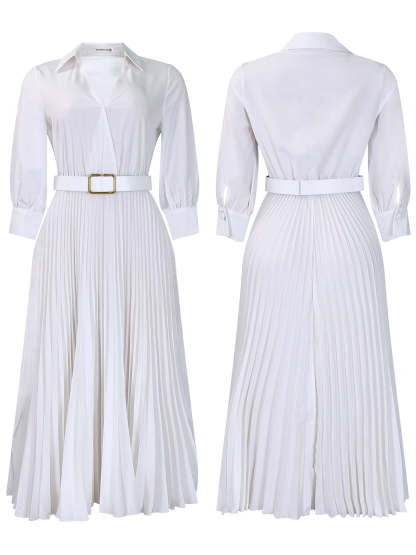 Solid Color V-Neck Pleated Dress with Belt