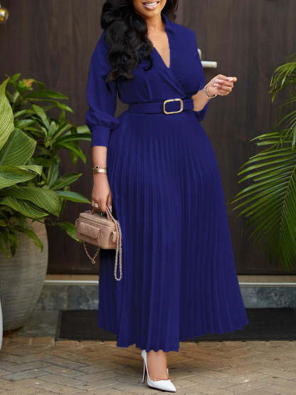 Solid Color V-Neck Pleated Dress with Belt
