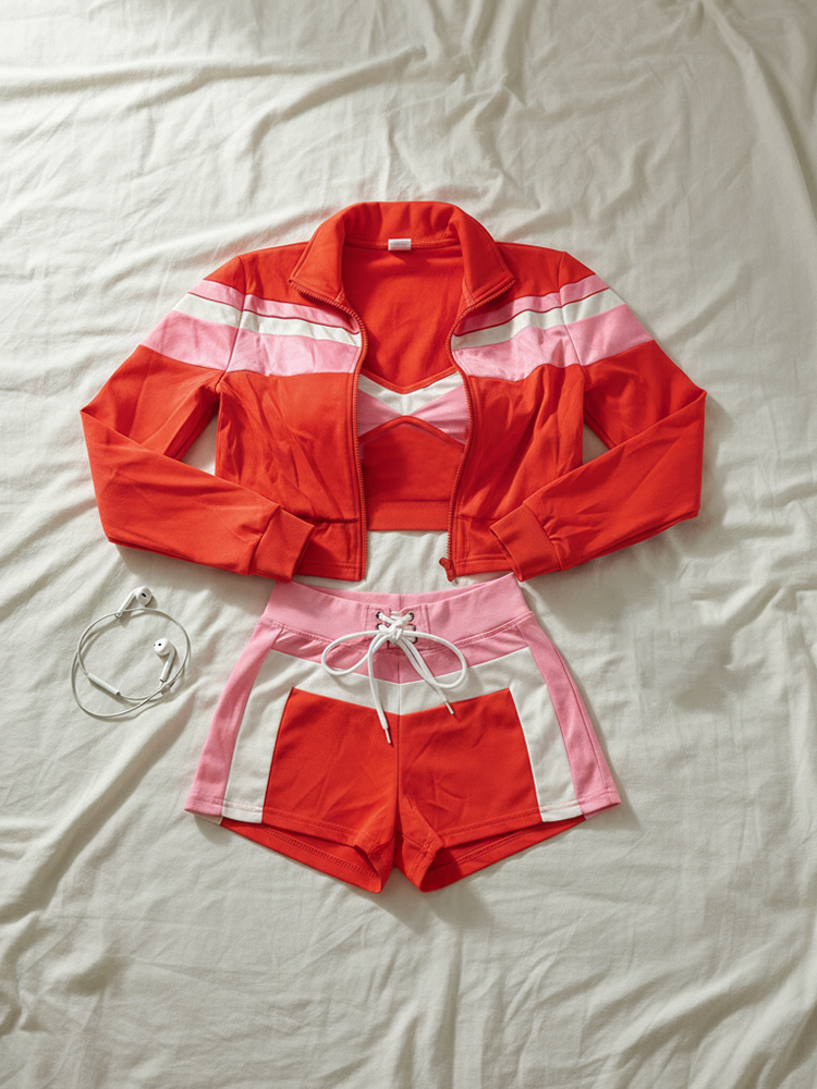 Three Piece Color Block Bra Jacket Shorts Set