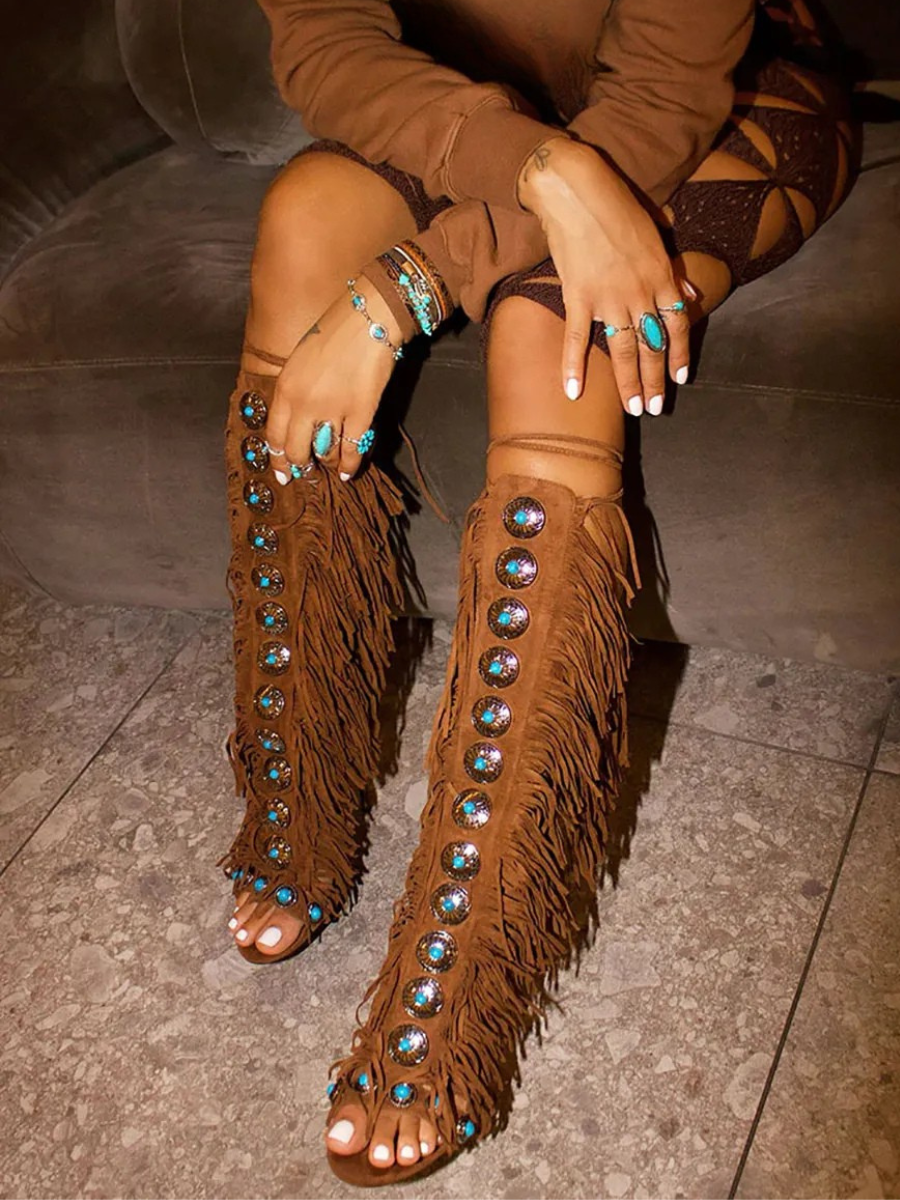 Boho Style | Gemstone Lace-Up Fringe Heeled Sandals | Boots
