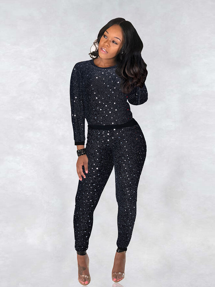 2 Piece Glitter Sequin Metallic Top Pants Set