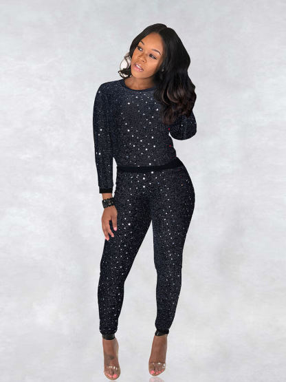 2 Piece Glitter Sequin Metallic Top Pants Set