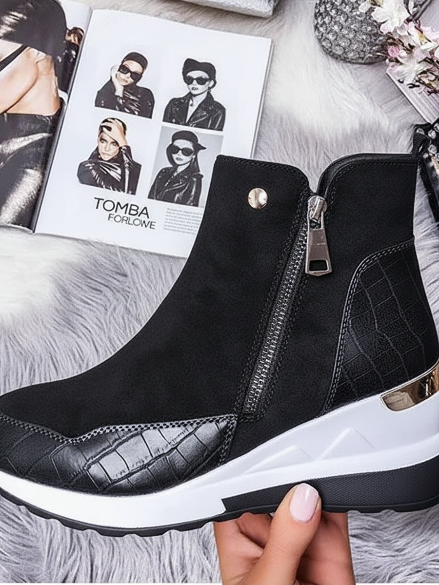 PU Patchwork Side Zipper Ankle Bootsies