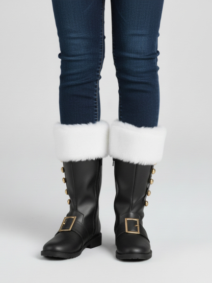 Fur Trim Buckles Bell Decor Santa Boots