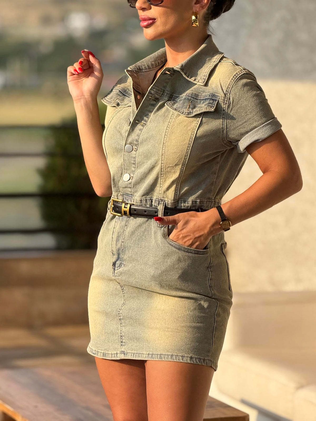 Short Sleeve Button Down Denim Mini Dress