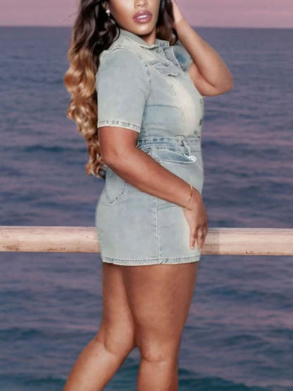 Short Sleeve Button Down Denim Mini Dress