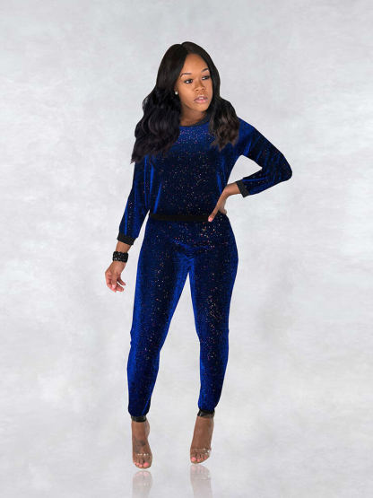2 Piece Glitter Sequin Metallic Top Pants Set