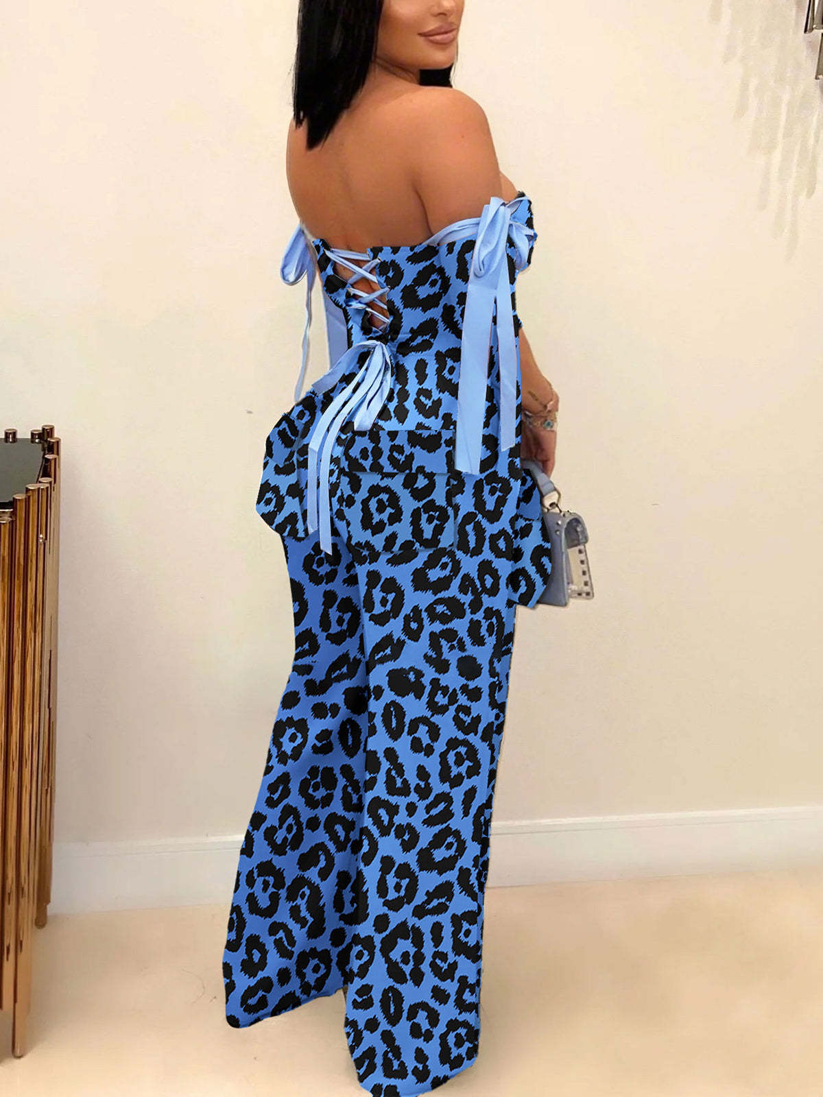 Two Pieces Print Lace-Up Cargo Pants Set