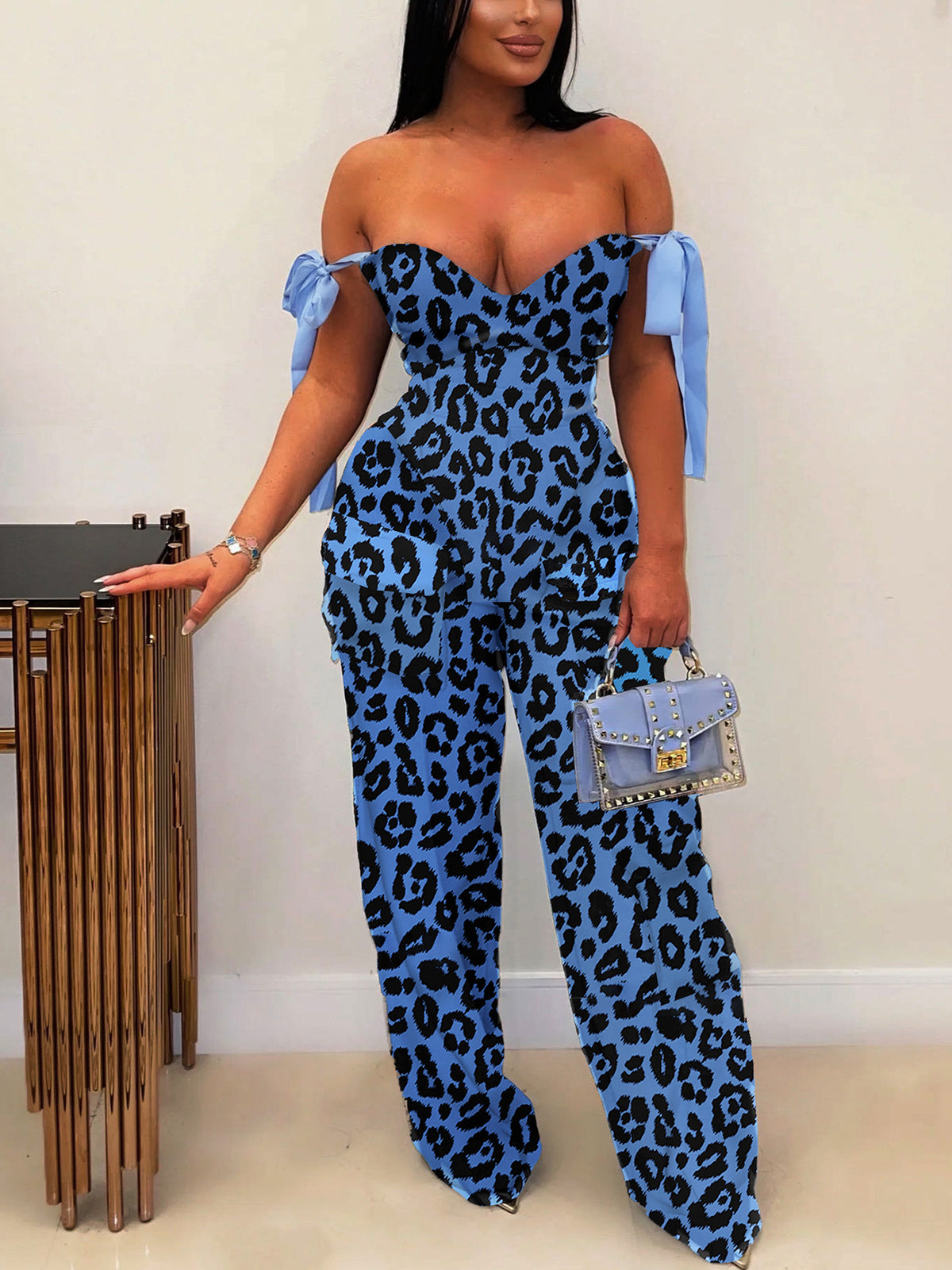 Two Pieces Print Lace-Up Cargo Pants Set