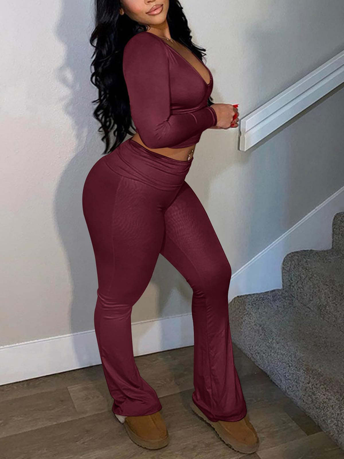Two Piece Long Sleeve Crop Top Flare Pants Sets
