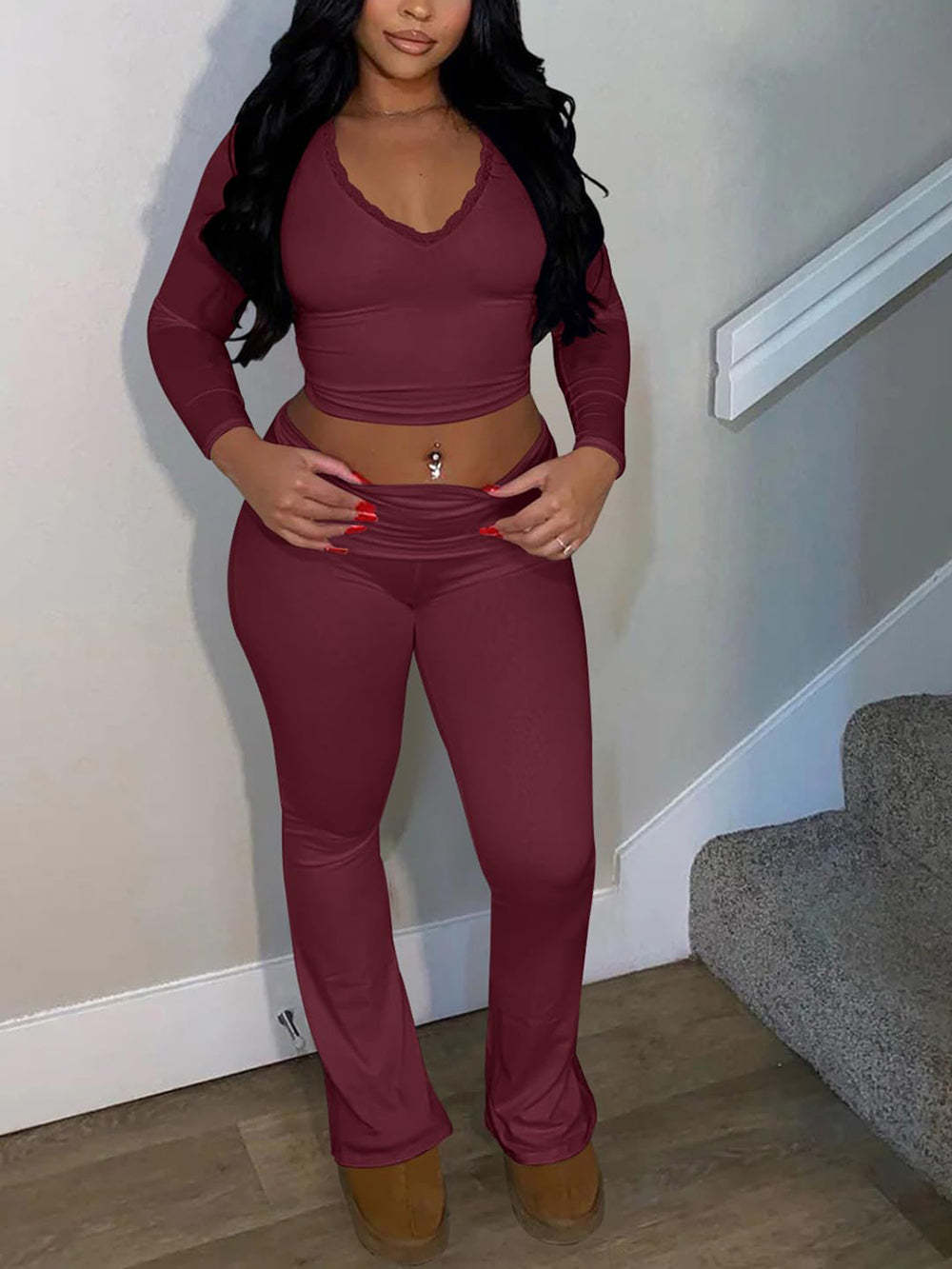 Two Piece Long Sleeve Crop Top Flare Pants Sets