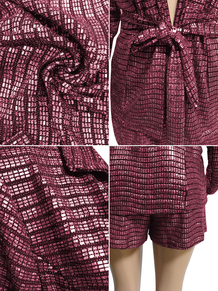 Two Piece Long Sleeve Glitter Metallic Blazer shorts Set