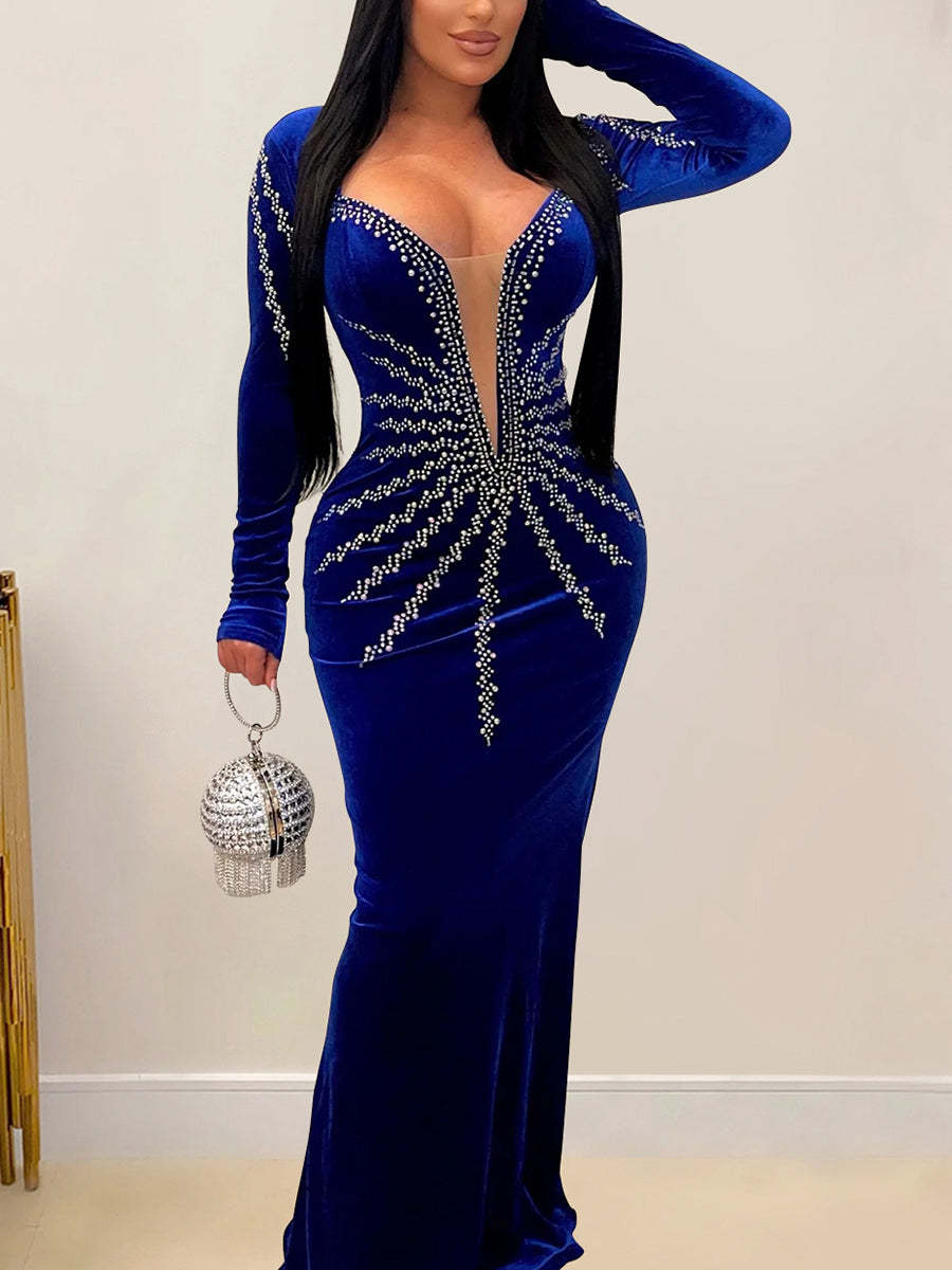 Rhinestone Velvet Mesh Maxi Dress