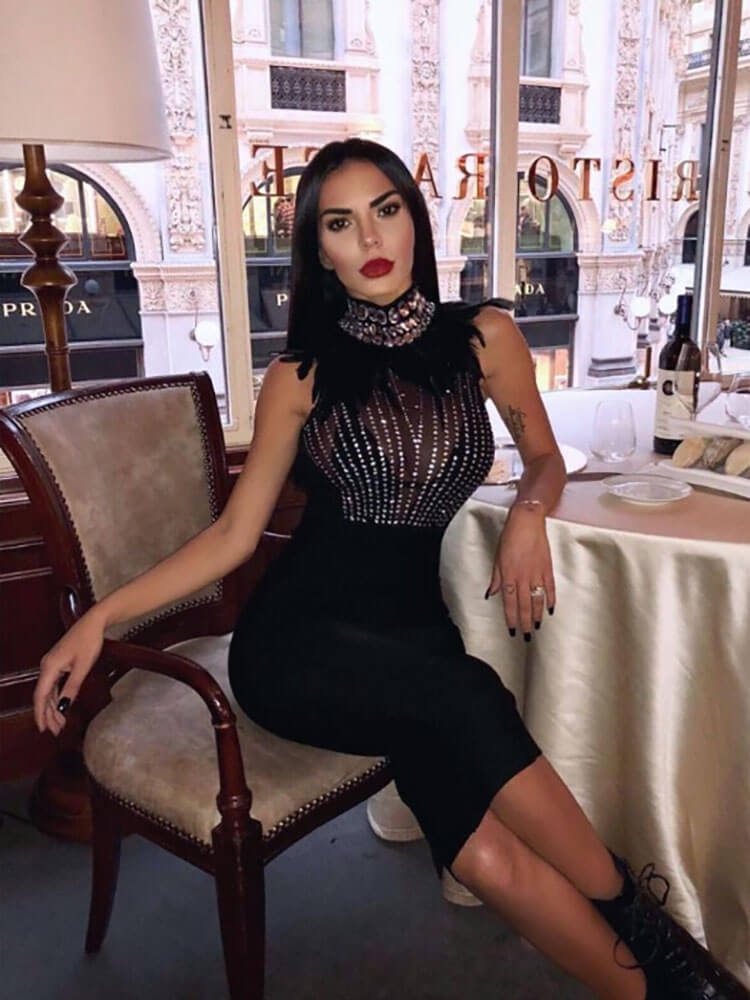 Rhinestone Halter Neck Backless Bodycon Mini Dress