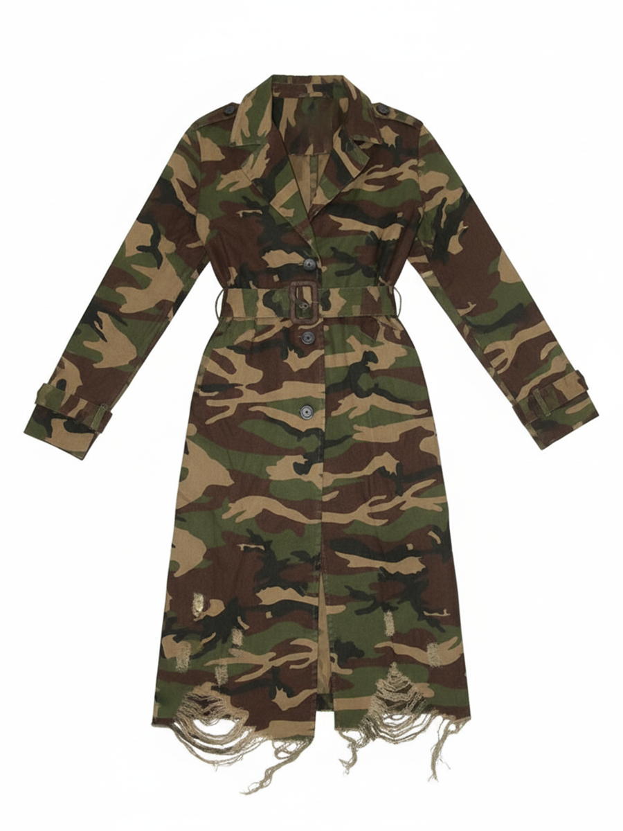 Distressed Camouflage Long Trench Coat