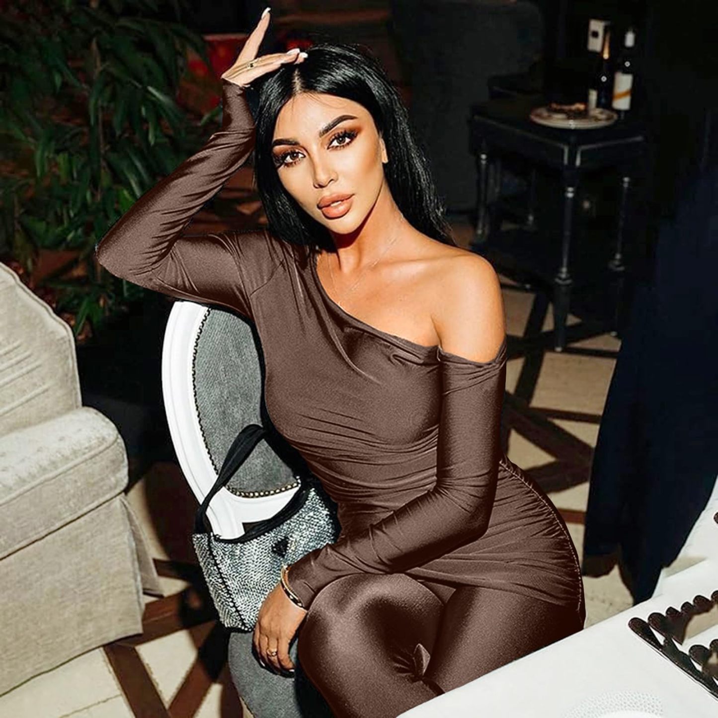Two Piece One Shoulder Top Flared Pants