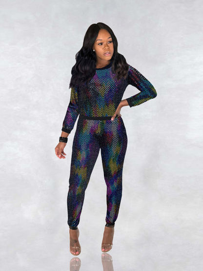 2 Piece Glitter Sequin Metallic Top Pants Set