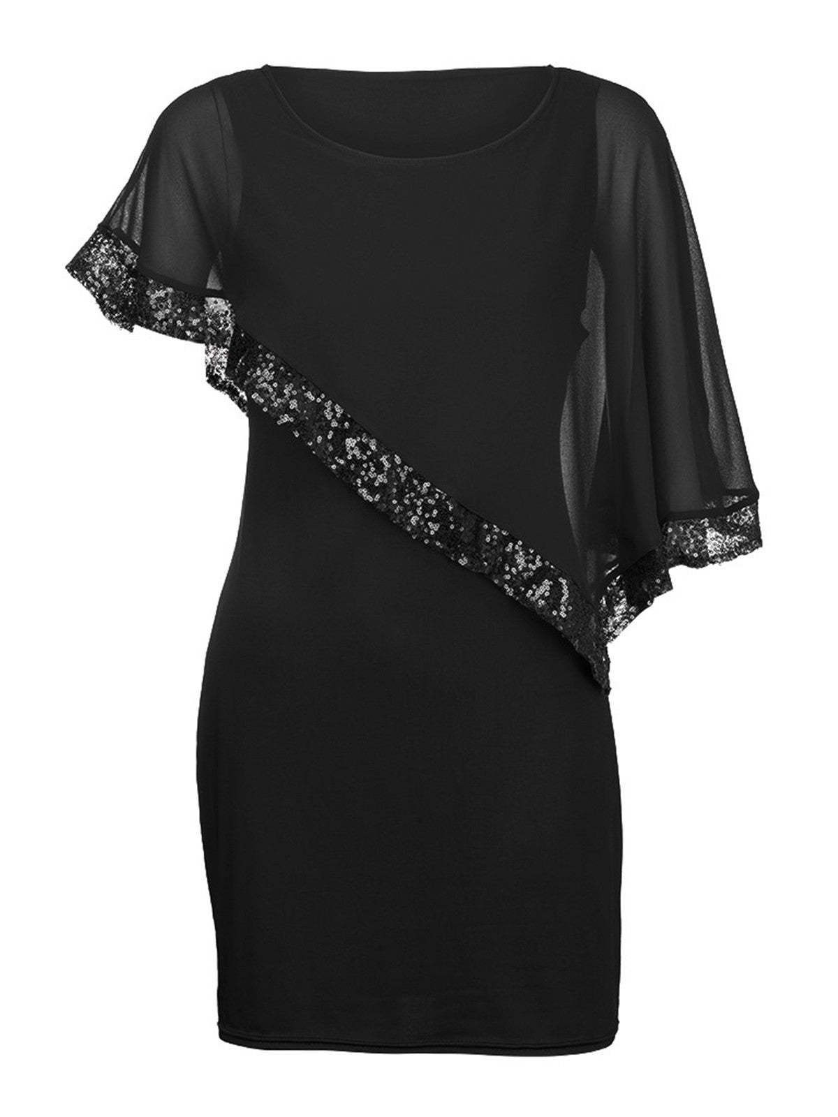 Chiffon Cape Sleeve Sequin Patchwork Dress