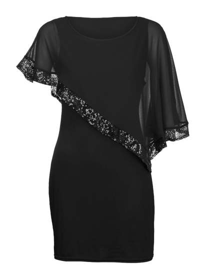 Chiffon Cape Sleeve Sequin Patchwork Dress