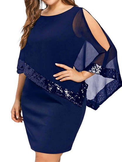 Chiffon Cape Sleeve Sequin Patchwork Dress
