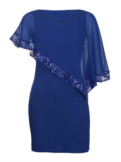 Chiffon Cape Sleeve Sequin Patchwork Dress