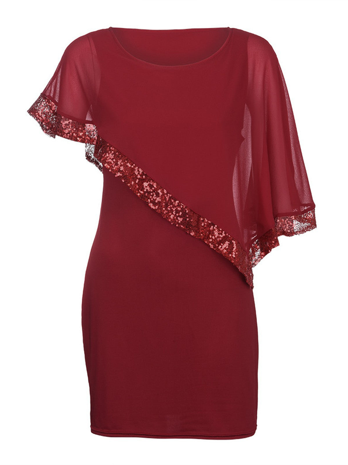 Chiffon Cape Sleeve Sequin Patchwork Dress