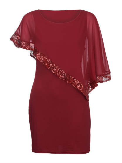 Chiffon Cape Sleeve Sequin Patchwork Dress