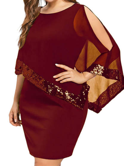 Chiffon Cape Sleeve Sequin Patchwork Dress