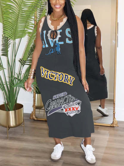 Lace Sleeveless Printed Dress