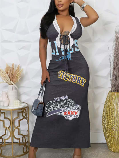 Lace Sleeveless Printed Dress