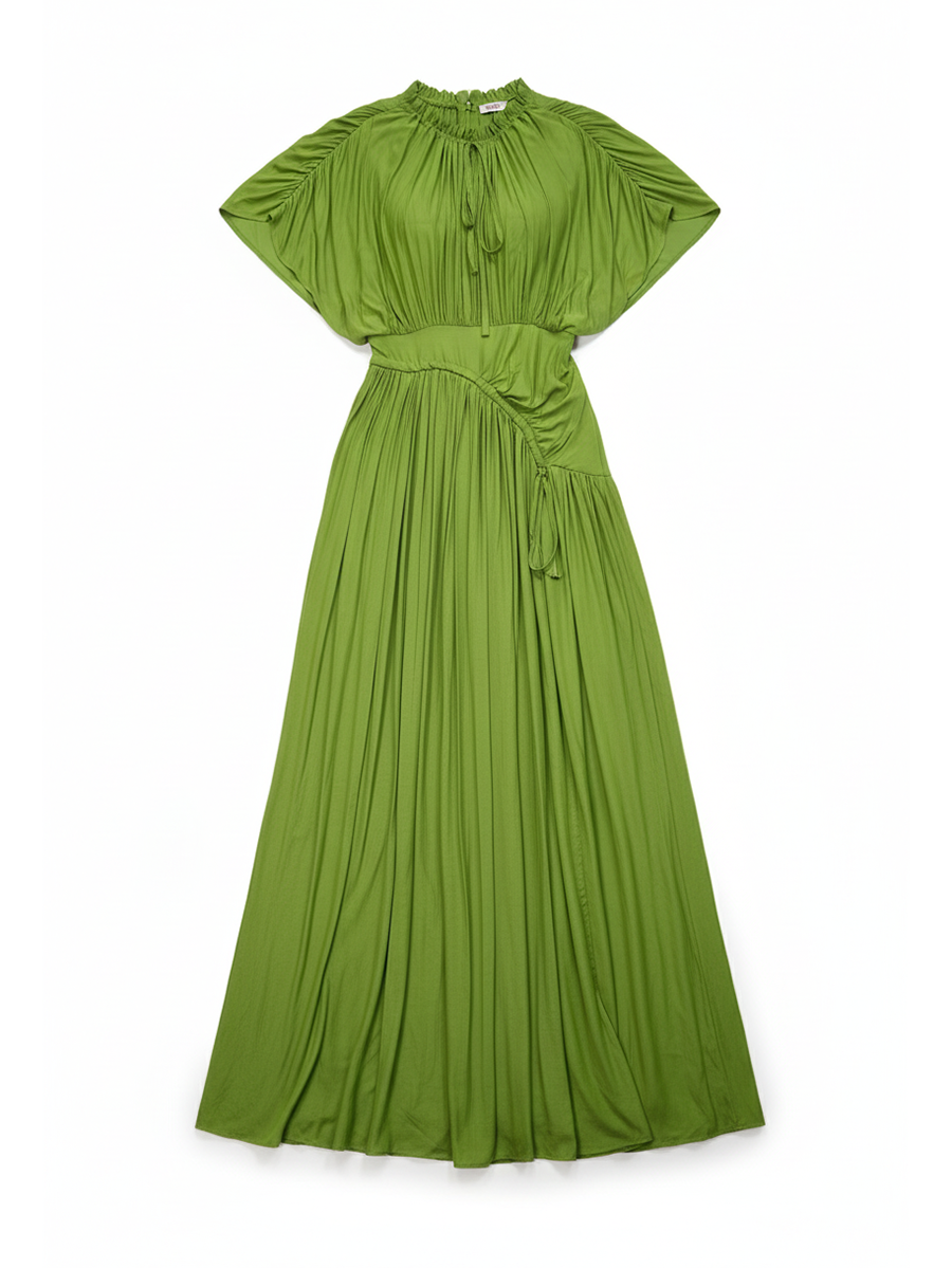 Elegant Pleated Drawstring Waist Maxi Dress