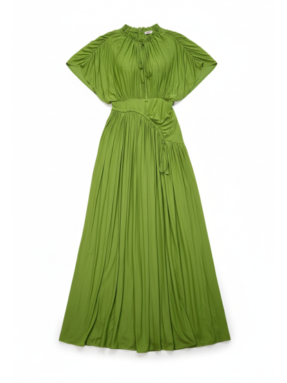 Elegant Pleated Drawstring Waist Maxi Dress