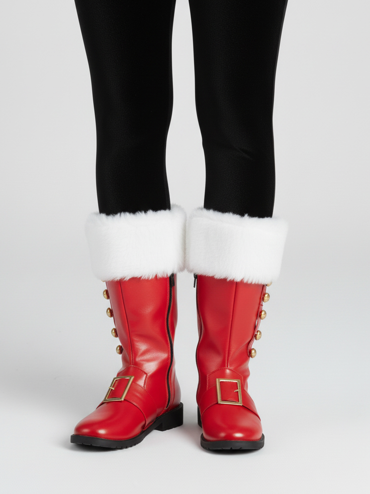 Fur Trim Buckles Bell Decor Santa Boots