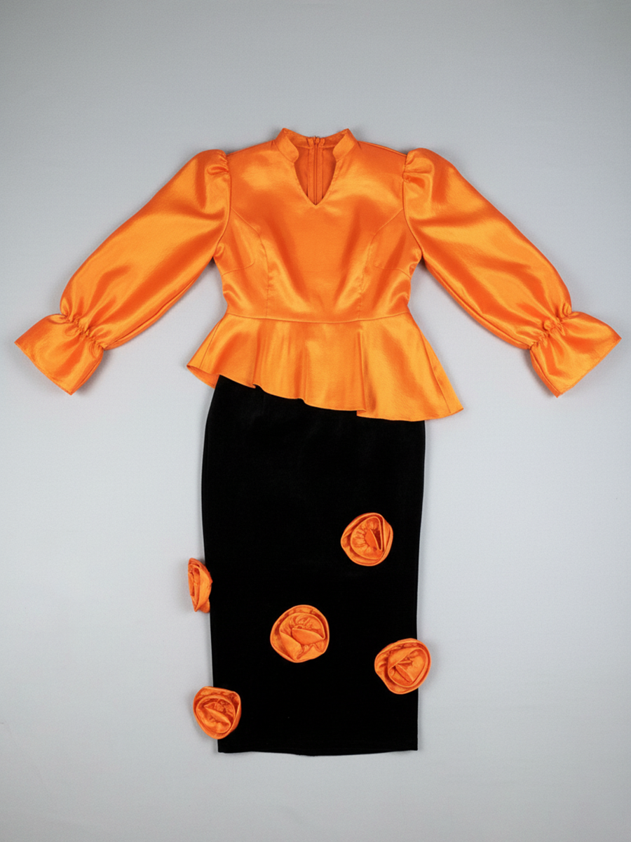 Plus Size Puff Sleeve Floral Skirt Set