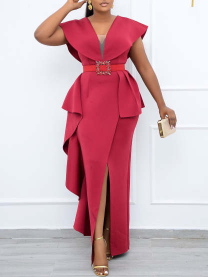 Plus Size Irregular Hem Ruffle Dress with Belt
