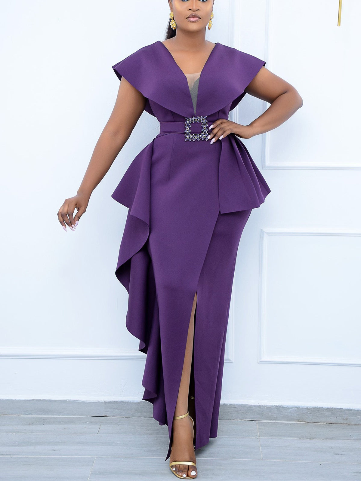 Plus Size Irregular Hem Ruffle Dress with Belt
