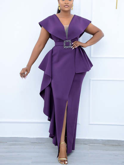 Plus Size Irregular Hem Ruffle Dress with Belt