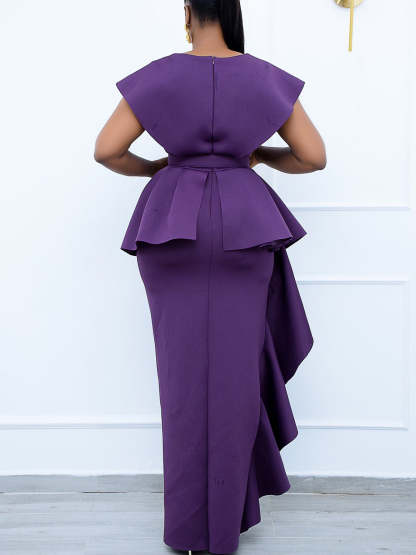 Plus Size Irregular Hem Ruffle Dress with Belt