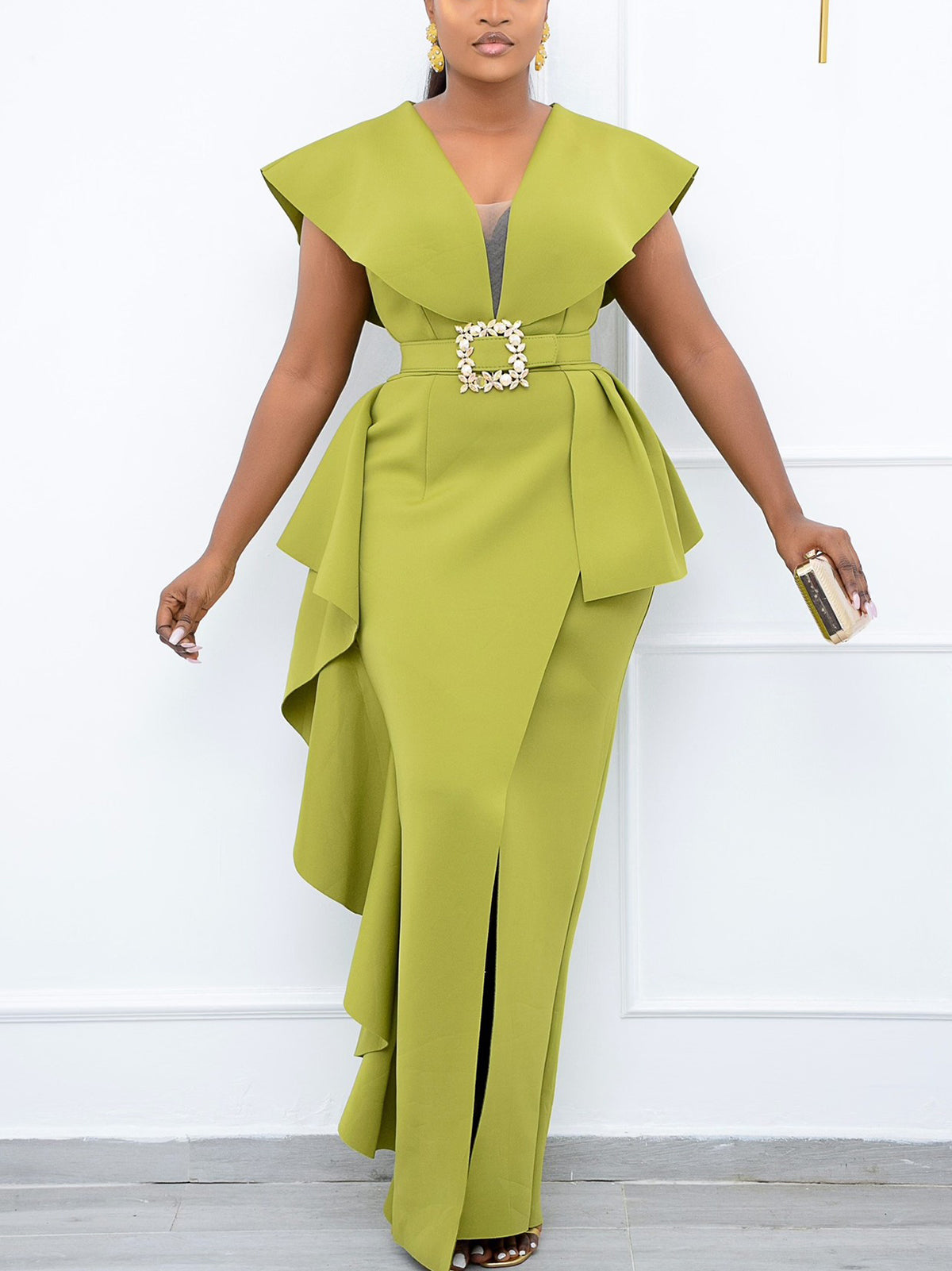 Plus Size Irregular Hem Ruffle Dress with Belt