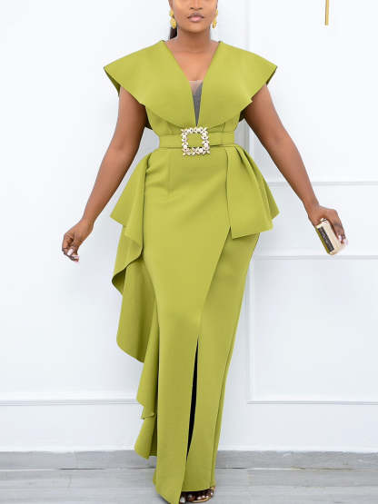Plus Size Irregular Hem Ruffle Dress with Belt