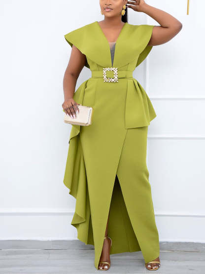 Plus Size Irregular Hem Ruffle Dress with Belt