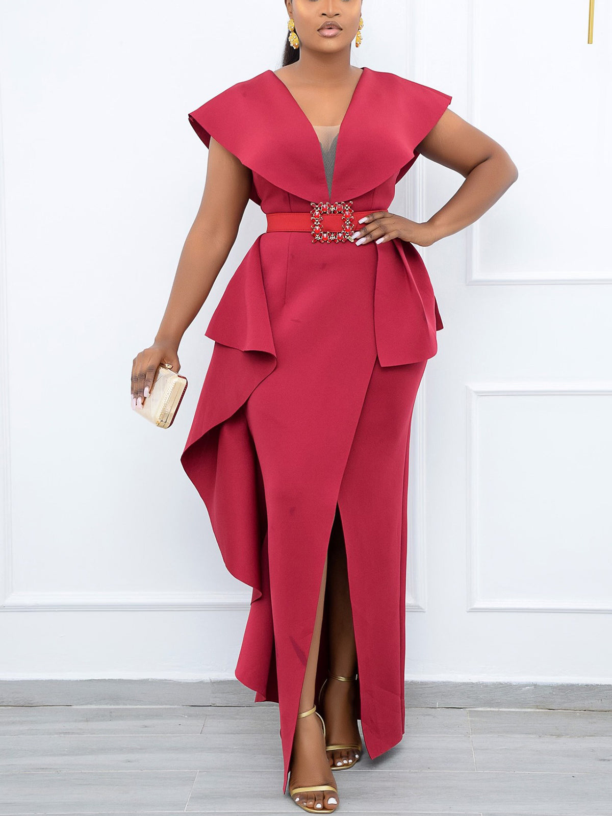 Plus Size Irregular Hem Ruffle Dress with Belt