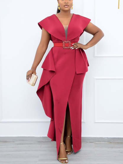 Plus Size Irregular Hem Ruffle Dress with Belt
