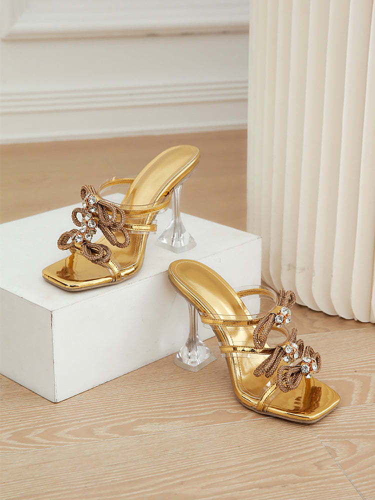 Rhinestone Bow Square Toe High Heel Slide