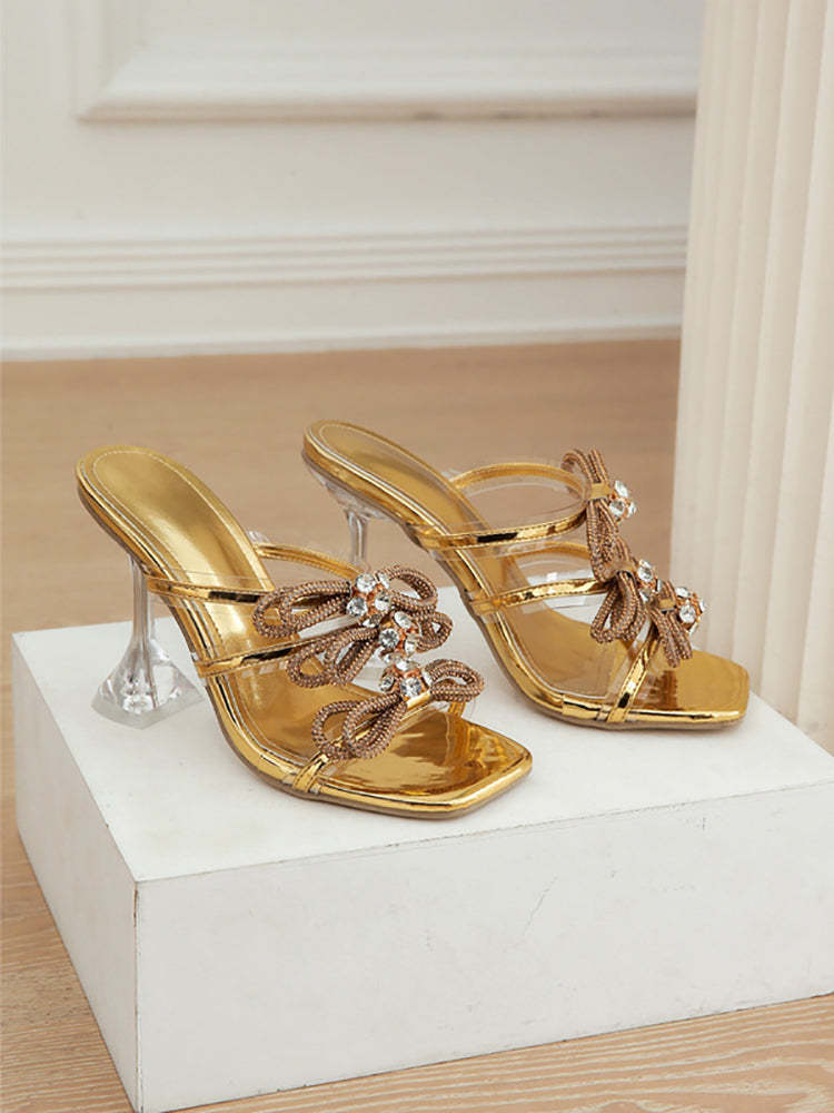 Rhinestone Bow Square Toe High Heel Slide