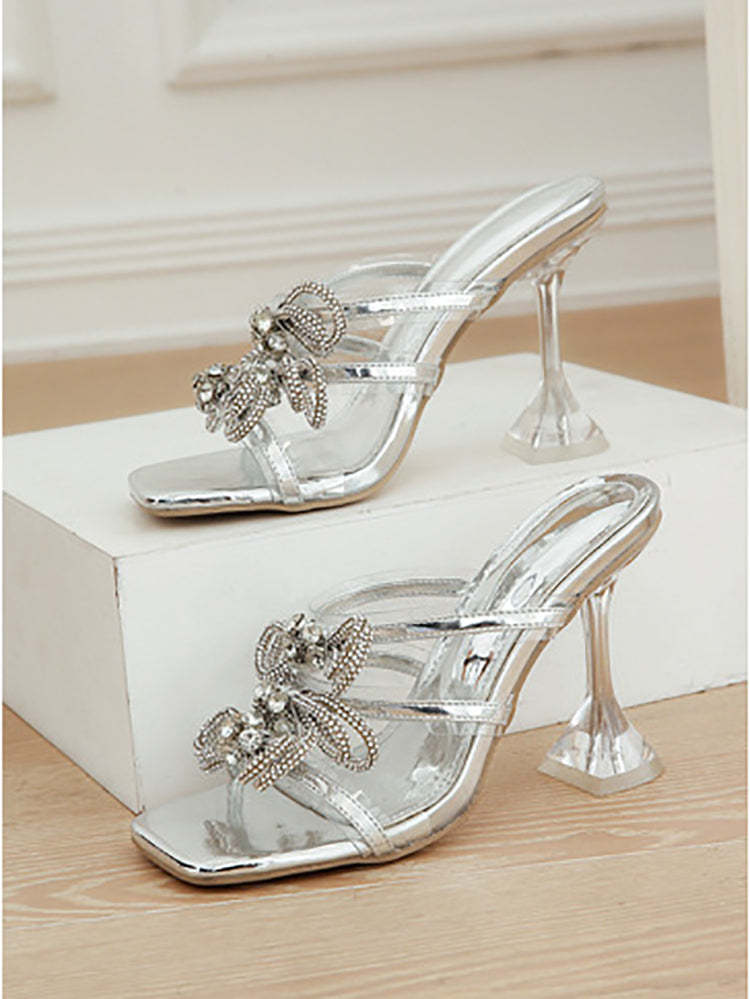 Rhinestone Bow Square Toe High Heel Slide