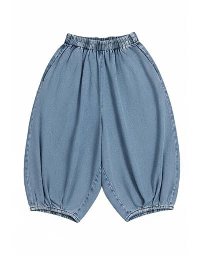 Elastic Waist Wide Leg Cropped Denim Jeans