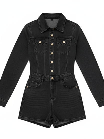 Long Sleeve Button Washed Denim Romper