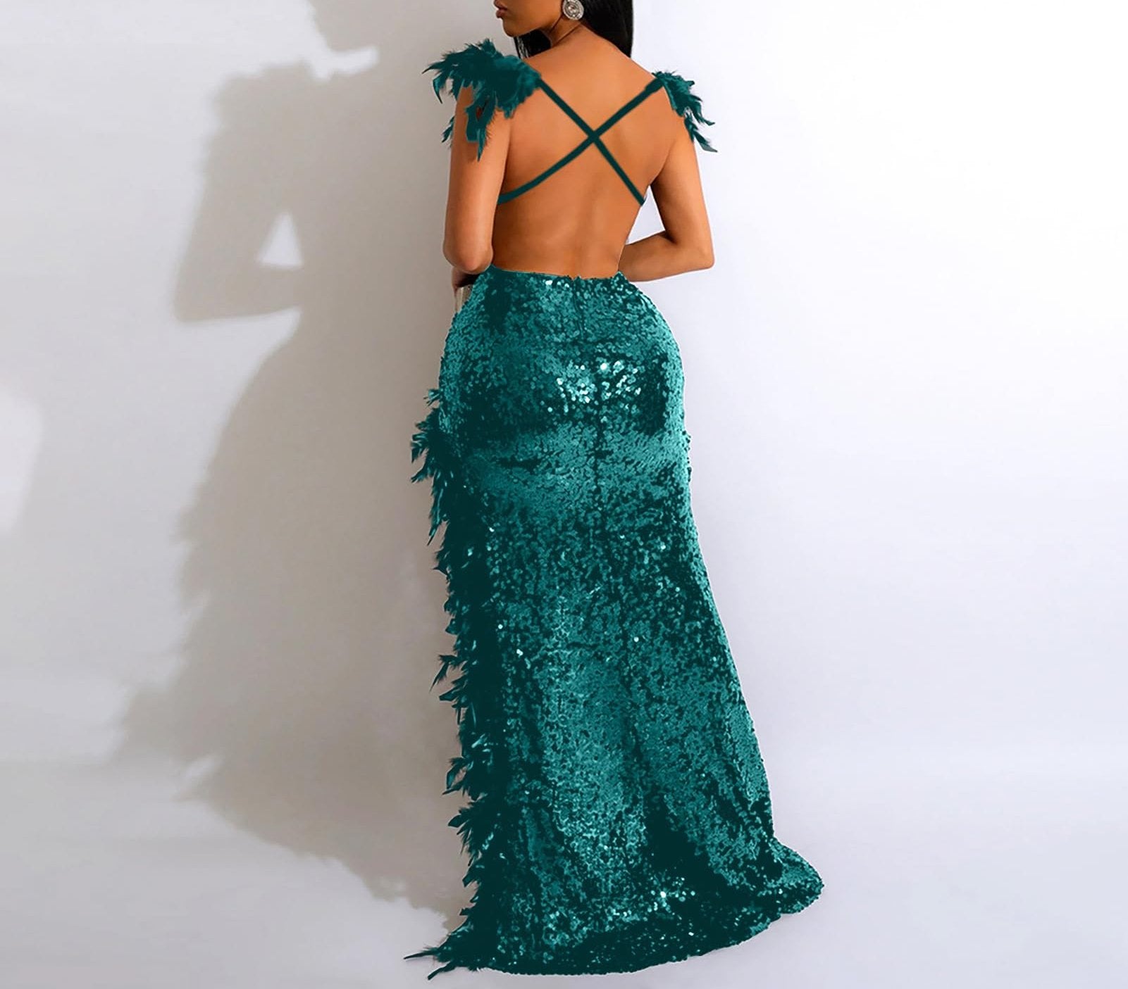 V Neck Sequin Feather Slit Maxi Dress
