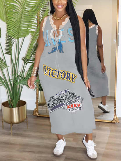 Lace Sleeveless Printed Dress